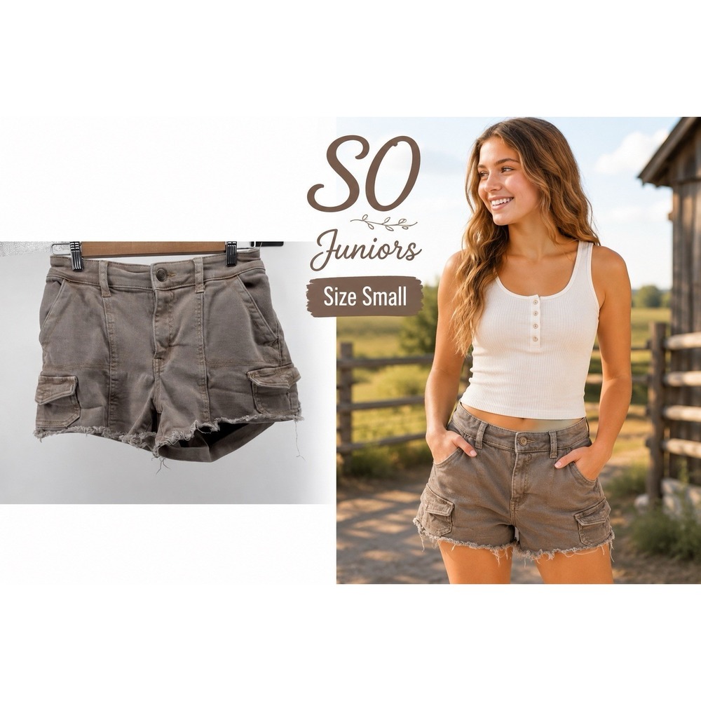 SO High Rise Utility Shorts Brown Frayed Hem Cargo Juniors Size Small Summer